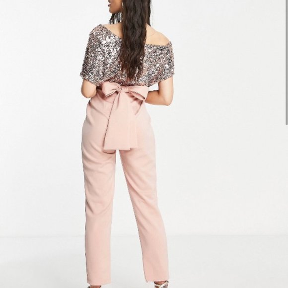 - ASOS DESIGN 2 in 1 Sequin Fallen Shoulder Jumpsuit in Rose Gold - Picture 2 of 4